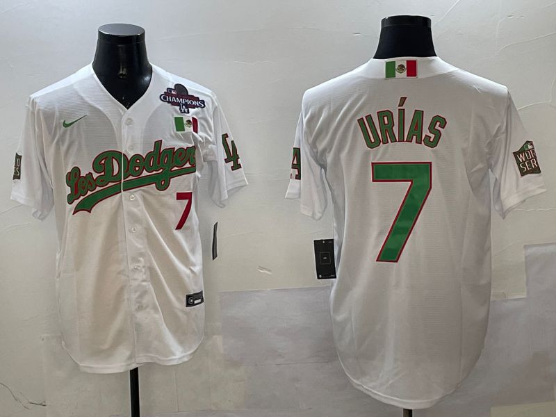 Men Los Angeles Dodgers #7 Urias White Green Game 2025 Nike MLB Jersey style 3202->los angeles dodgers->MLB Jersey